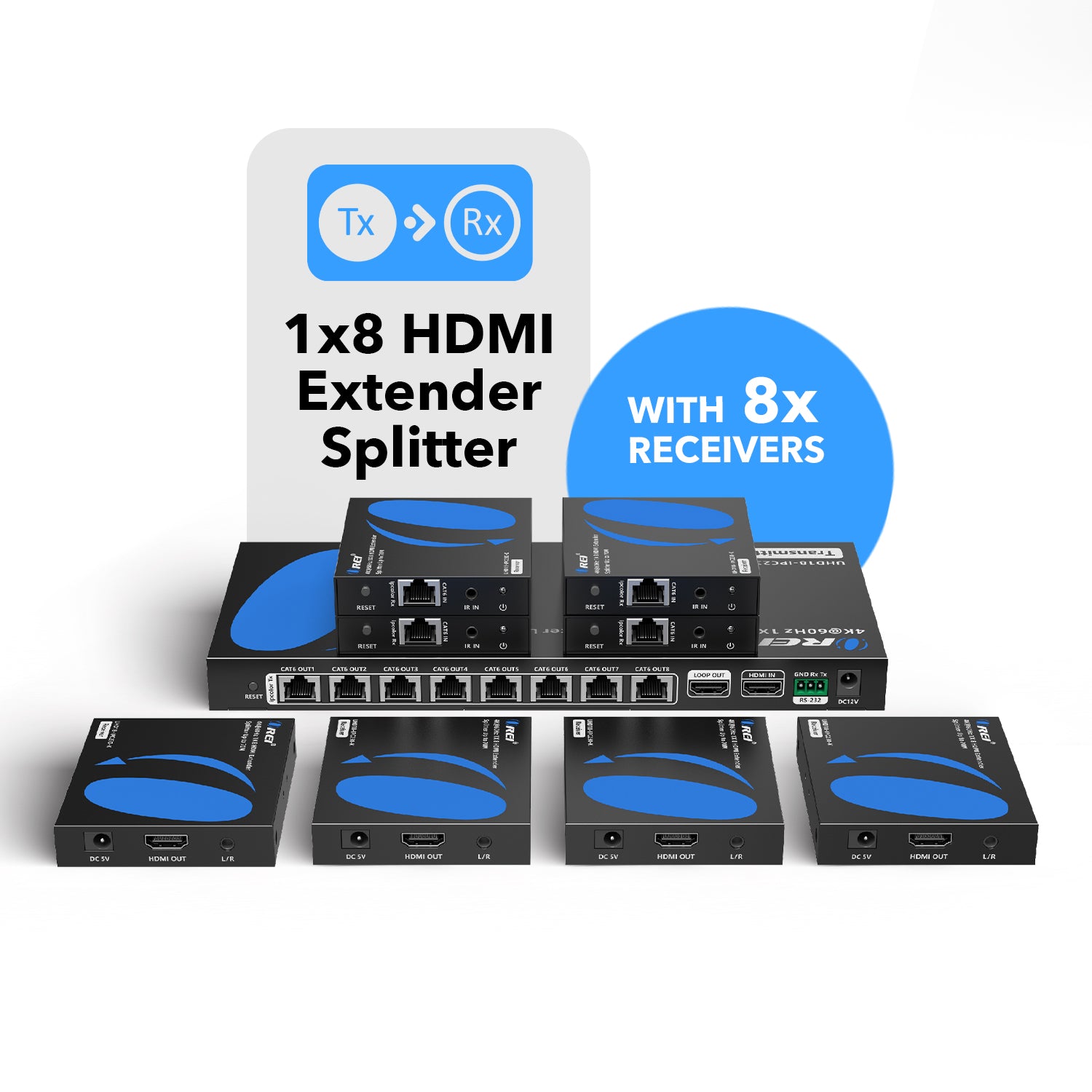 4K@60hz 1x8 HDMI™ Extender Splitter (Loop) - 230ft (cat6)-UHD18