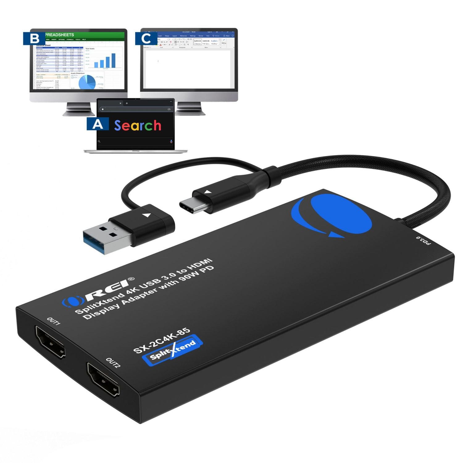 SplitXtend 4K USB 3.0 to HDMI Display Adapter with 90W PD