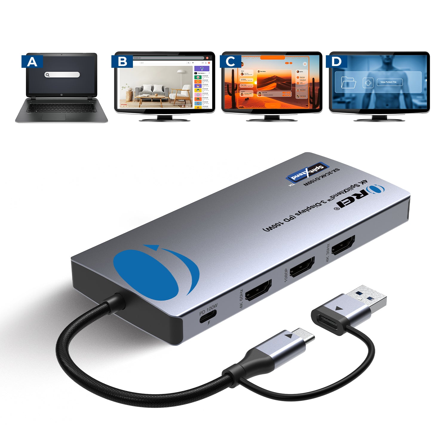 OREI 4K SplitXtend™ 3-Displays (PD 100W) (SX-2C4K-D100W) – OREI.COM