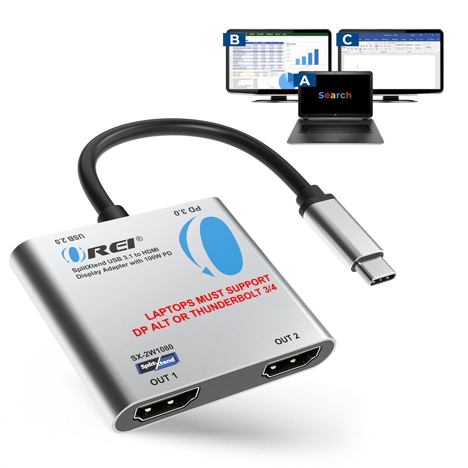 SplitXtend USB 3.1 to HDMI Display Adapter with 100W PD (SX-2W1080
