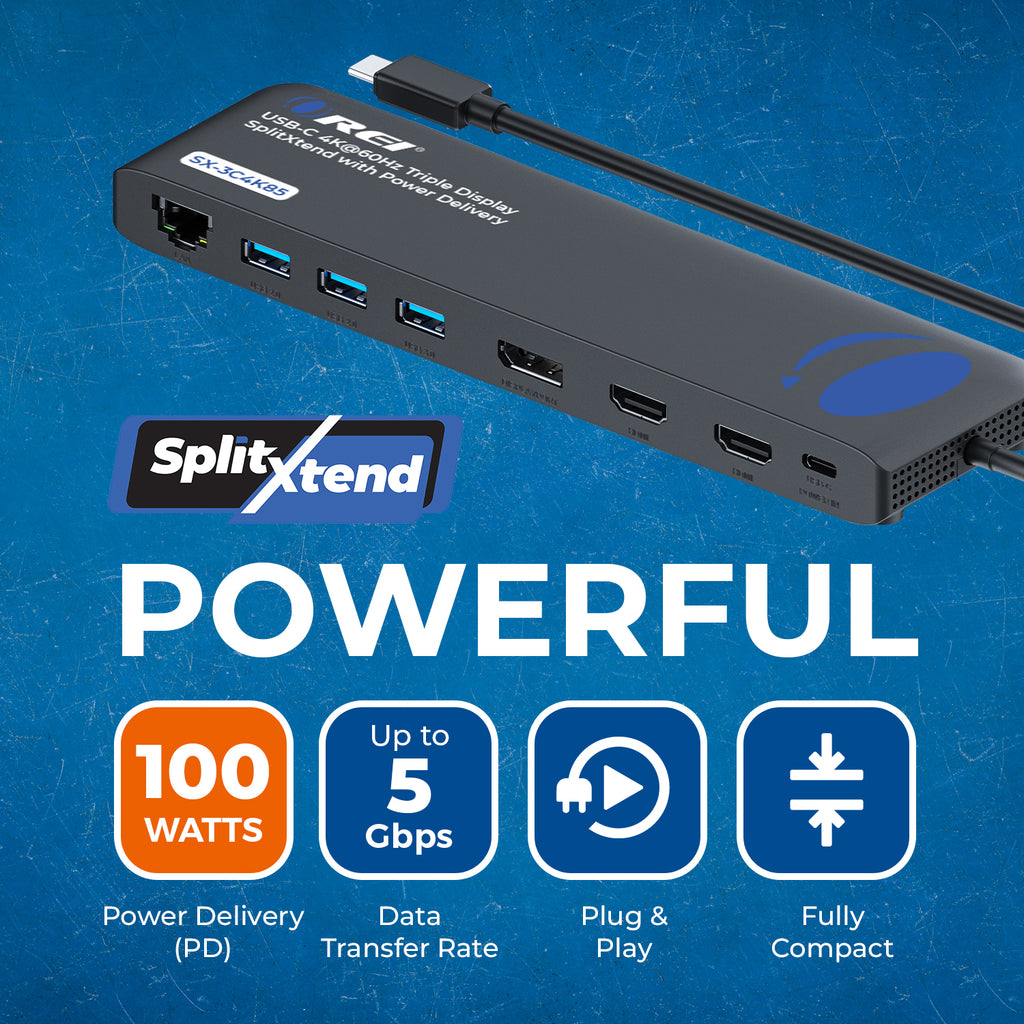 OREI SplitXtend Docking Hub with USB-C input, USB-A, Ethernet, DP, Power delivery up to 85 Watt and up to 3 Extended Displays (SX-3C4K85)