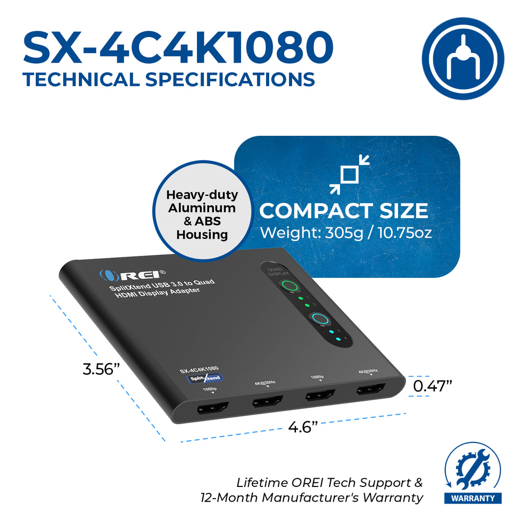 SplitXtend USB 3.0 to Quad HDMI Display Adapter (SX-4C4K1080)
