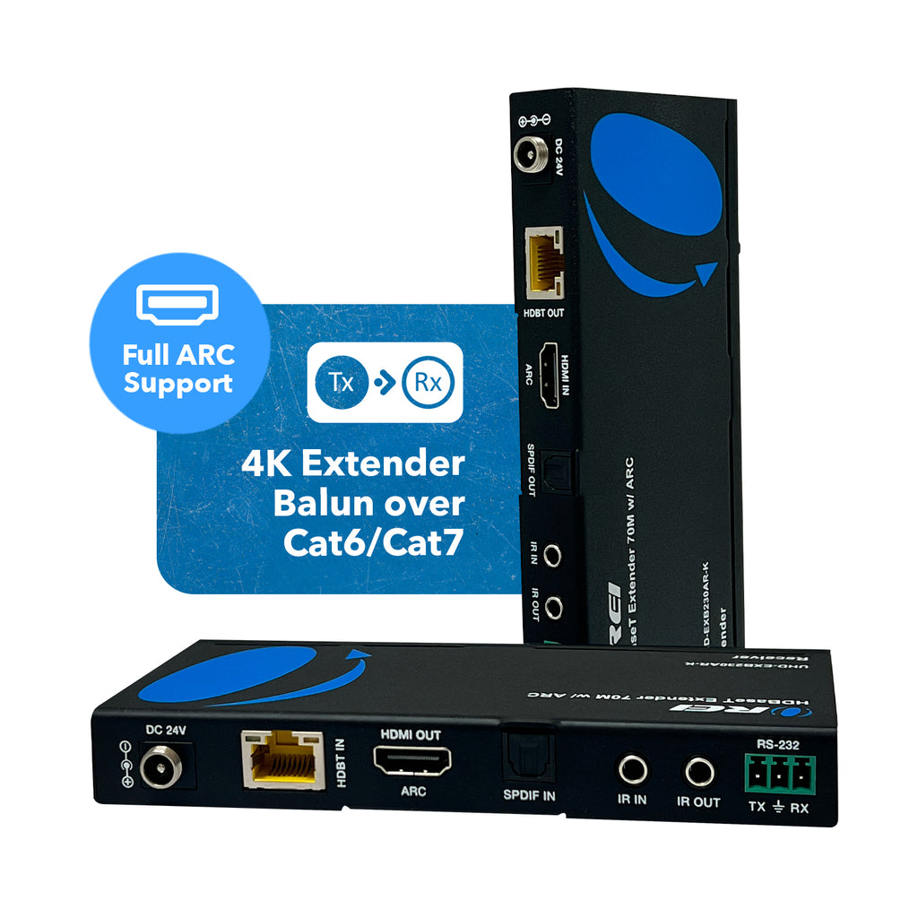 4K UHD HDMI Extender With HDBaseT Over CAT5e/6/7 Supports ARC & Bi-Directional IR Control up to 230 Ft (UHD-EXB230AR-K)