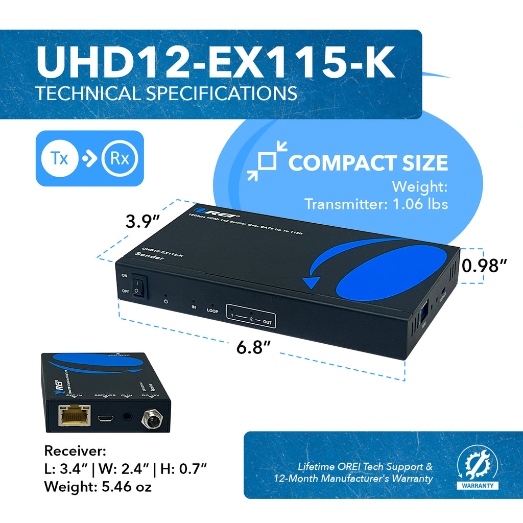 4K@60hz 1x2 HDMI™ Extender Splitter - 115ft (cat6)-UHD12-EX115-K