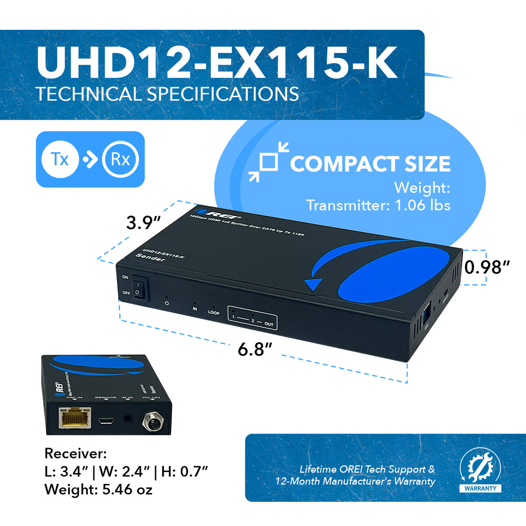 4K Ultra HD 1x2 HDMI Extender Splitter Over CAT6/7 Up To 115 Ft -EDID (UHD12-EX115-K)