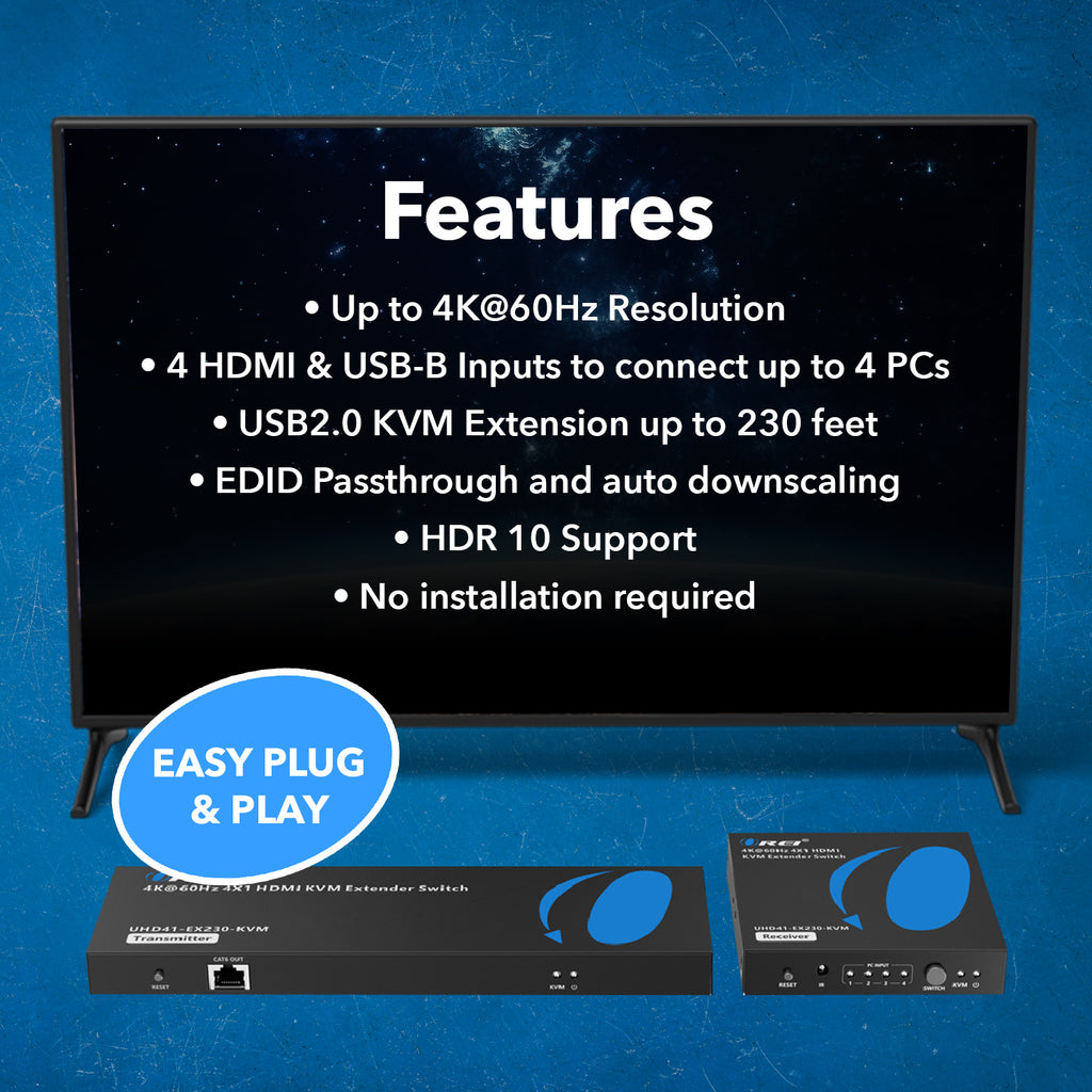 OREI 4K@60Hz 4X1 HDMI KVM Extender Switch Upto 230 Ft (UHD41-EX230-KVM)