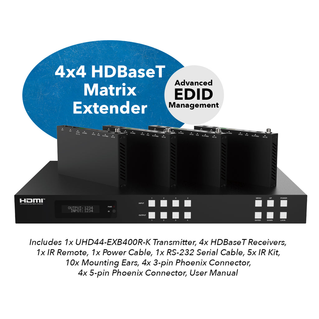 4x4 HDMI Extender With HDBaseT Over CAT5e/6/7 Upto 400 Ft - IR Control & EDID Management (UHD44-EXB400R-K)