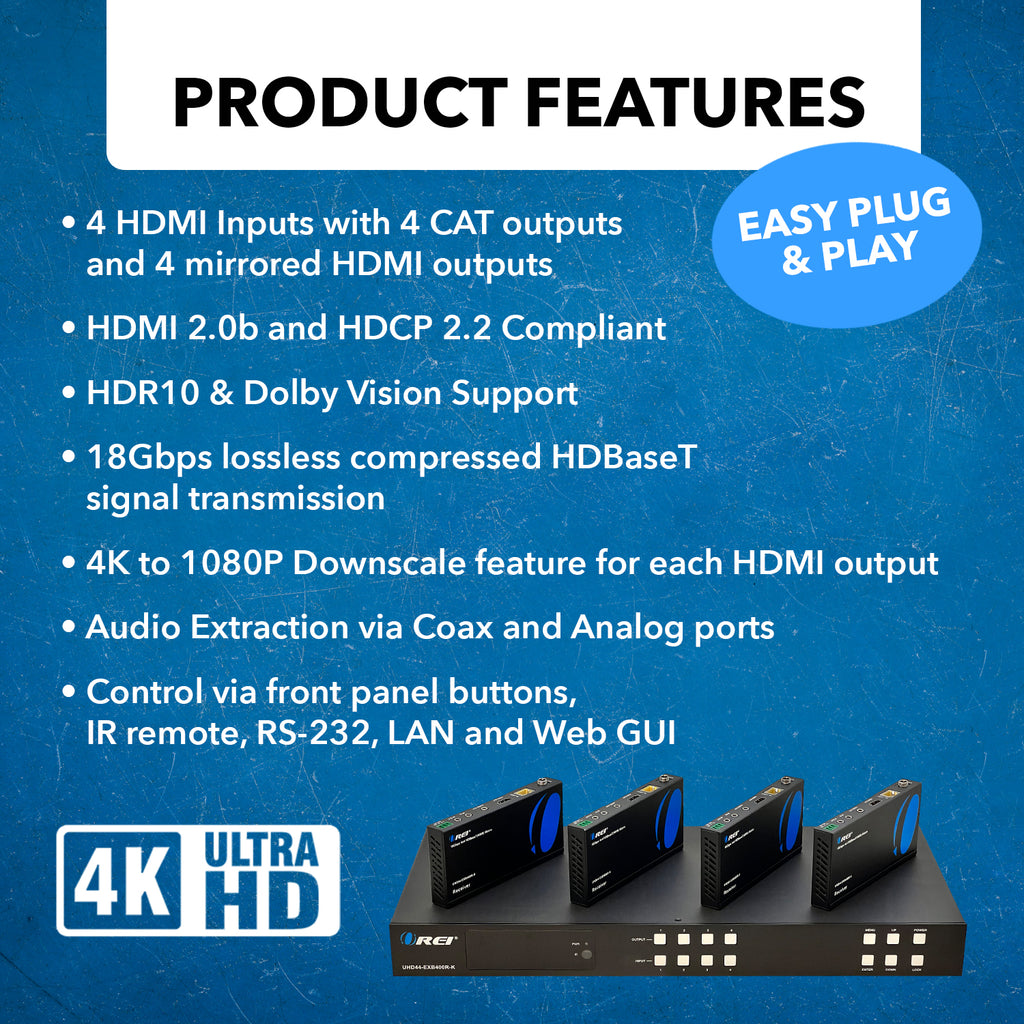 4K HDBaseT 4x4 HDMI™ Extender Matrix (Loop) - 400ft (cat6)-UHD44-EXB400R-K