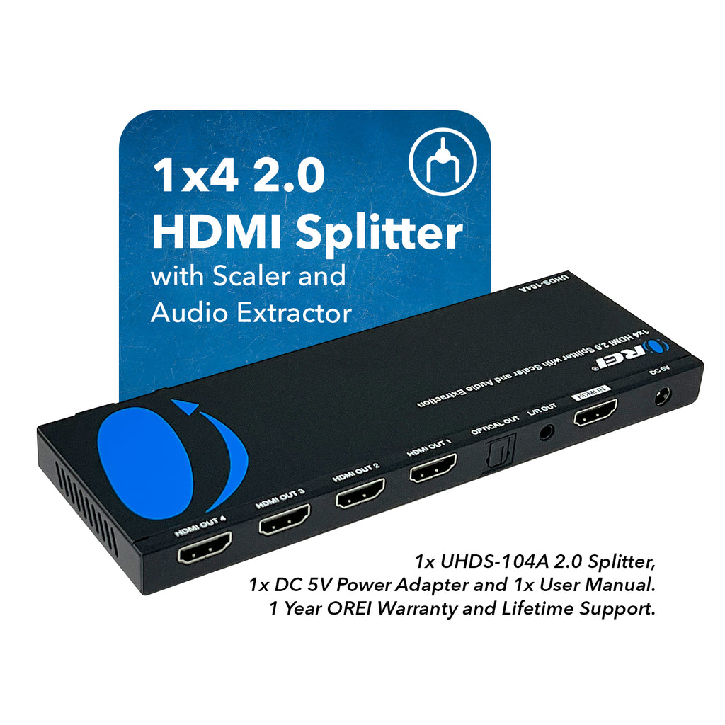4K 60Hz 1x4 HDMI Splitter Downscaler Audio Extract UHDS 104A OREI 4k-60hz-1x4-hdmi-splitter-downscaler-audio-extract-uhds-104a-orei