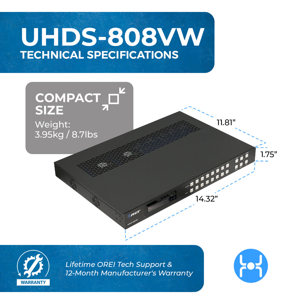 4K@60hz 8x8 HDMI™ Matrix w/ Video Wall (Seamless)-UHDS-808VW