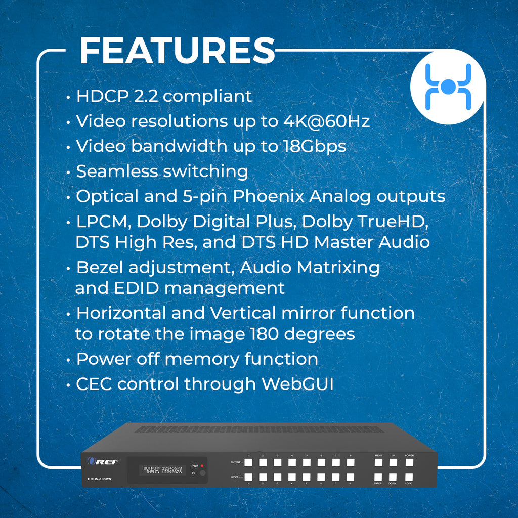 4K@60hz 8x8 HDMI™ Matrix w/ Video Wall (Seamless)-UHDS-808VW