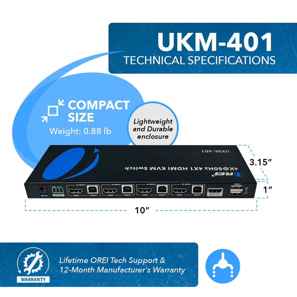 OREI 4K@60Hz 4X1 HDMI KVM Switch with RS-232 Control (UKM-401)