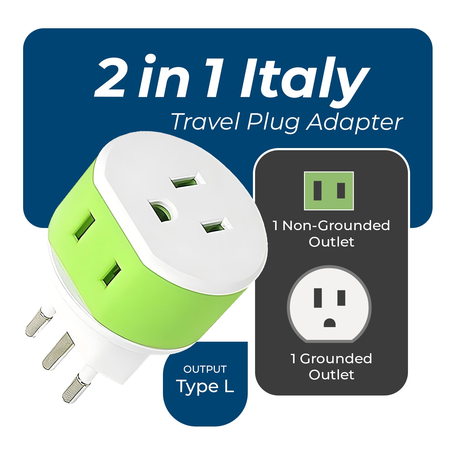 Italy, Uruguay Travel Adapter - 2 in 1 - Type L - Compact Design