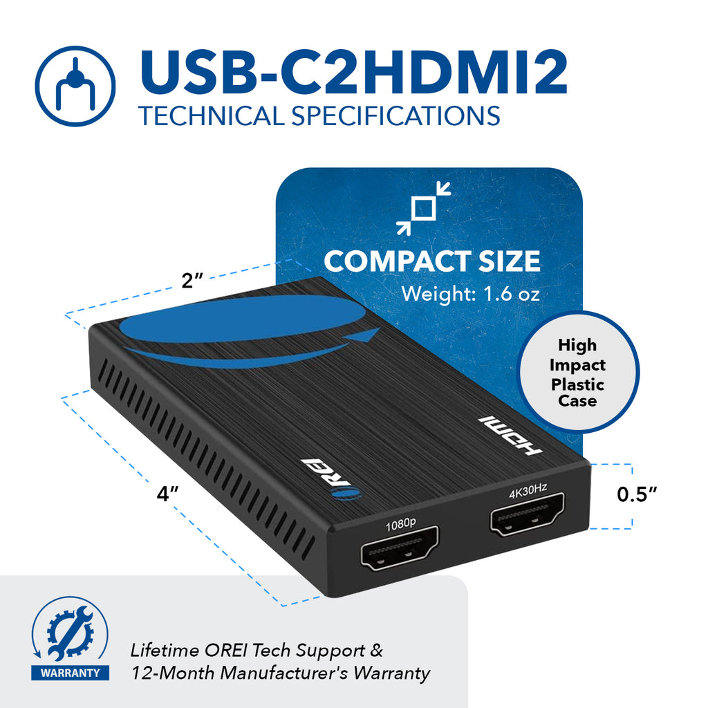 OREI SplitXtend HDMI Splitter Extender for Dual Video Monitor Extended Display (USBC2HDMI2)