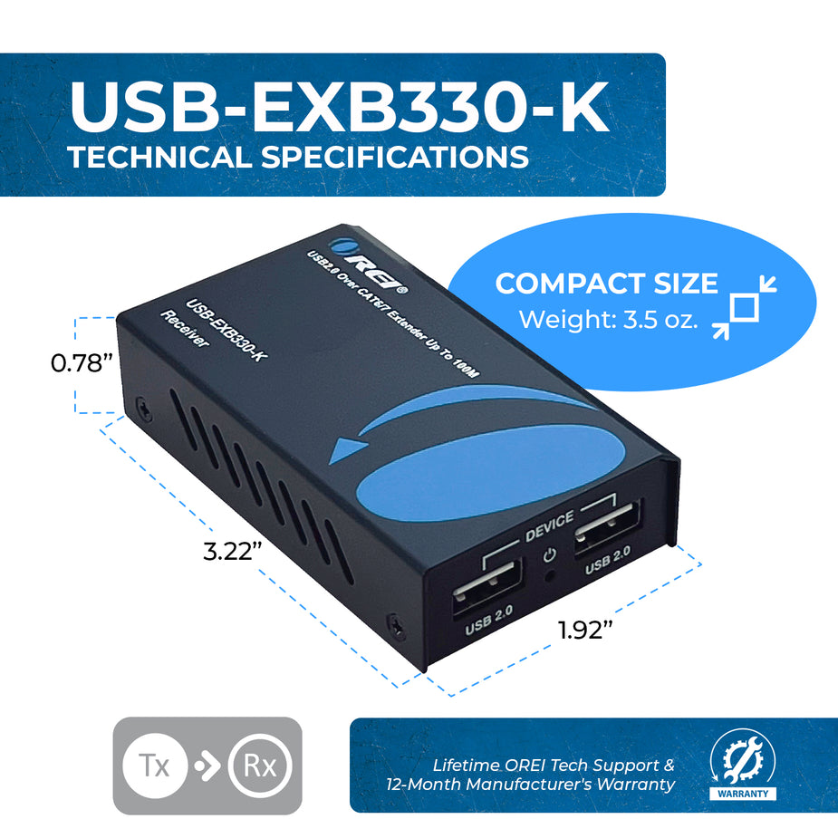 USB2.0 Extender (USB-B to USB-A) - 330ft (cat6) (USB-EXB330-K) – OREI.COM