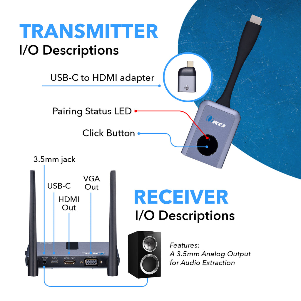 OREI 1080p Wireless Transmitter & Receiver Up To 100ft - Screen Mirroring (WHD-PRO1T-K)