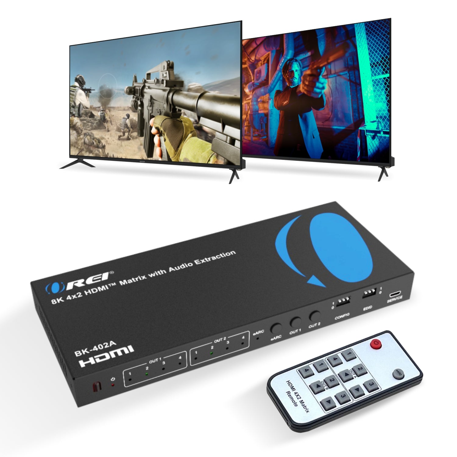 8K 4x2 HDMI™ Matrix (Audio Extract, eARC)-BK-402A – OREI.COM