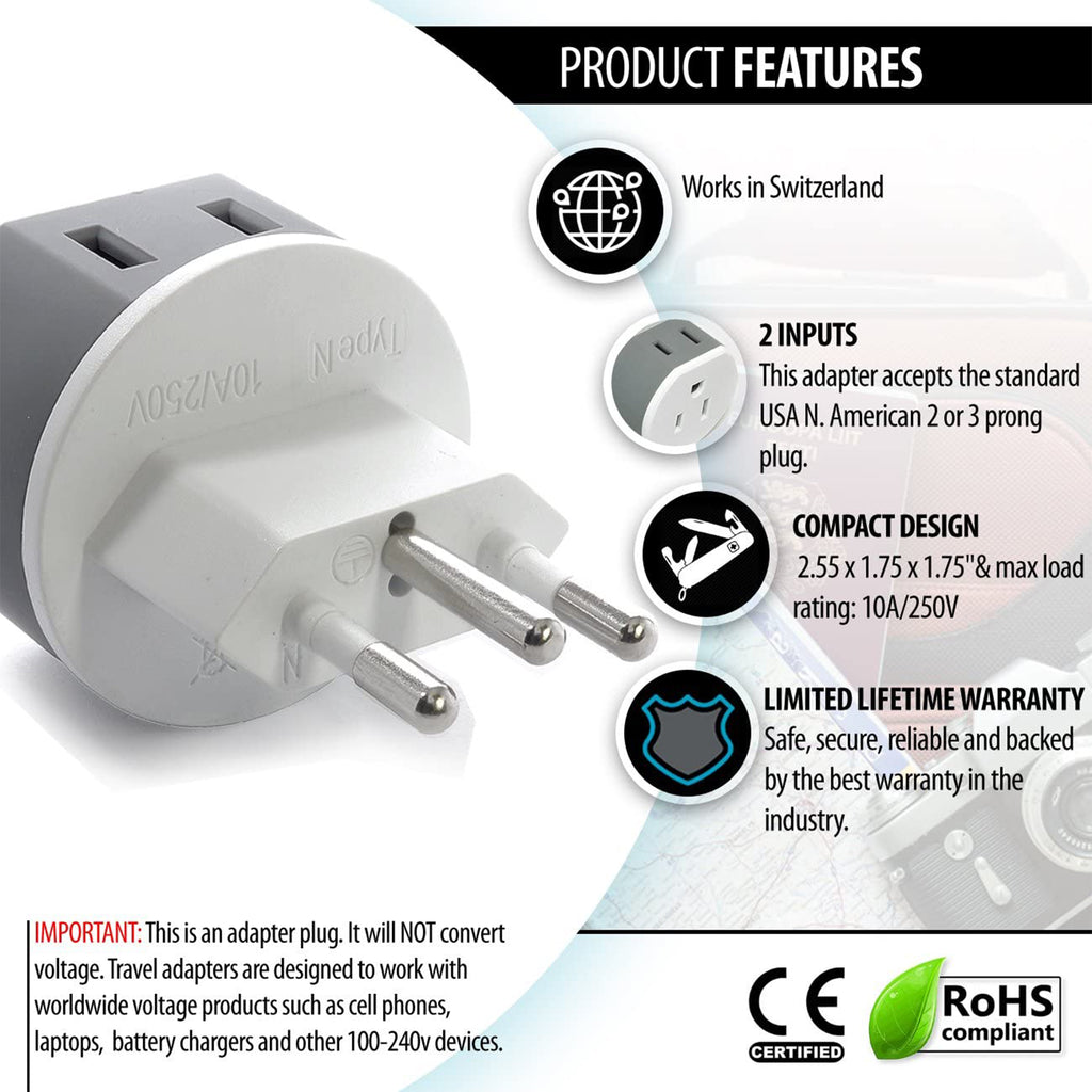 Switzerland Travel Adapter - 2 in 1 - Type J - Compact Design (US-11A)