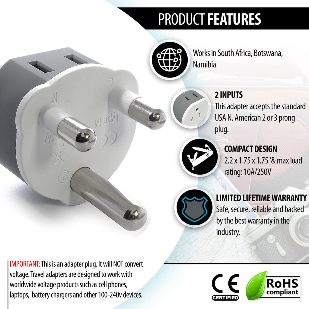 South Africa, Botswana Travel Adapter - 2 in 1 - Type M - Compact Design (US-10L)