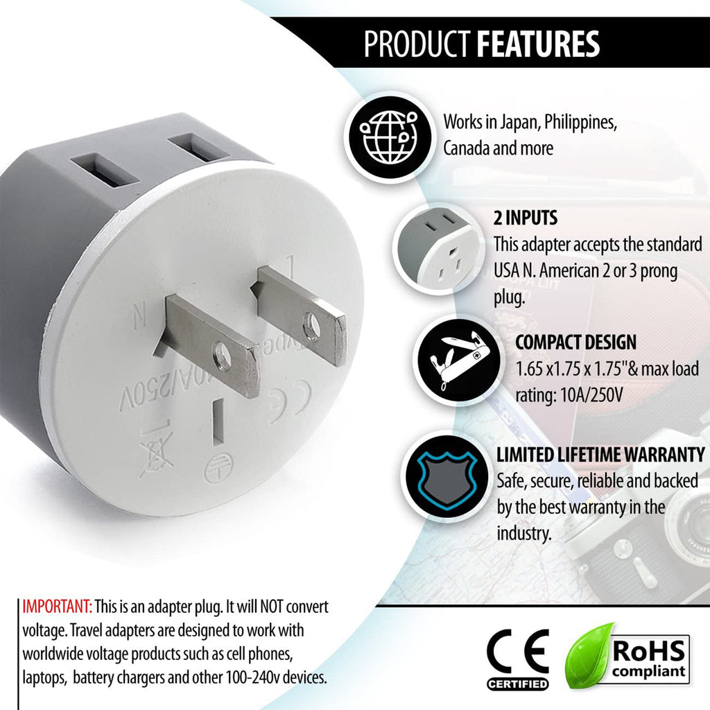 Japan, Philippines Travel Adapter - 2 in 1 - Type A - Compact Design (US-6)