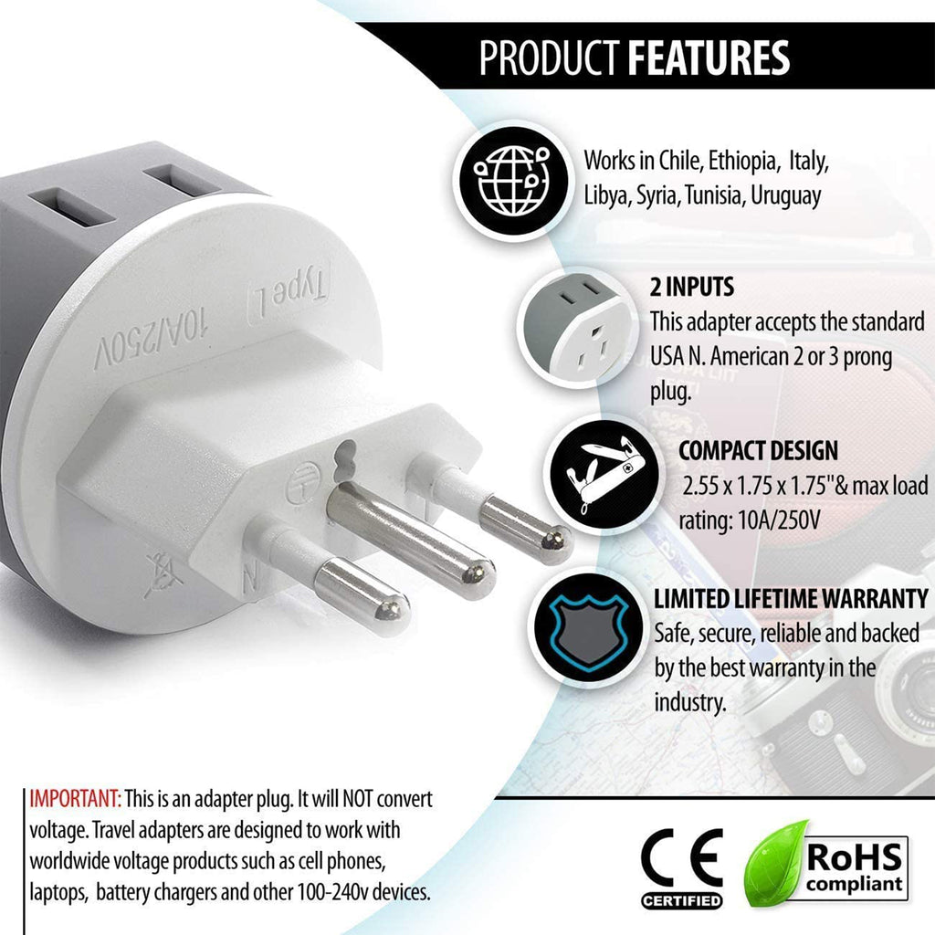 Italy, Uruguay Travel Adapter - 2 in 1 - Type L - Compact Design (US-12A)