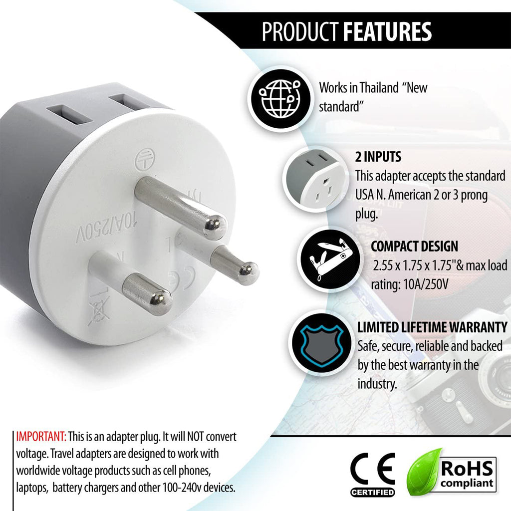 Thailand Travel Adapter - 2 in 1 - Type O - Compact Design (US-18)