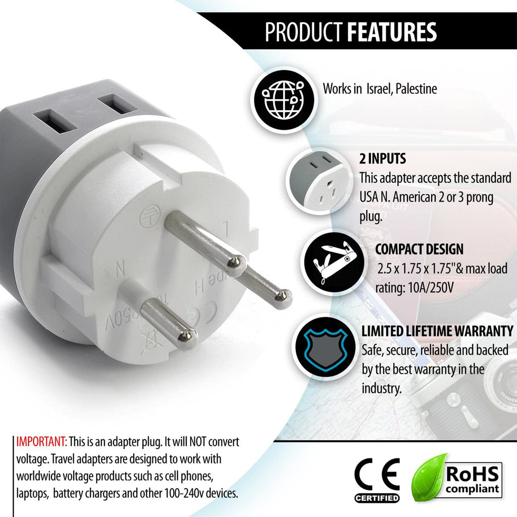 Palestine, Israel Travel Adapter - 2 in 1 - Type H - Compact Design (US-14)
