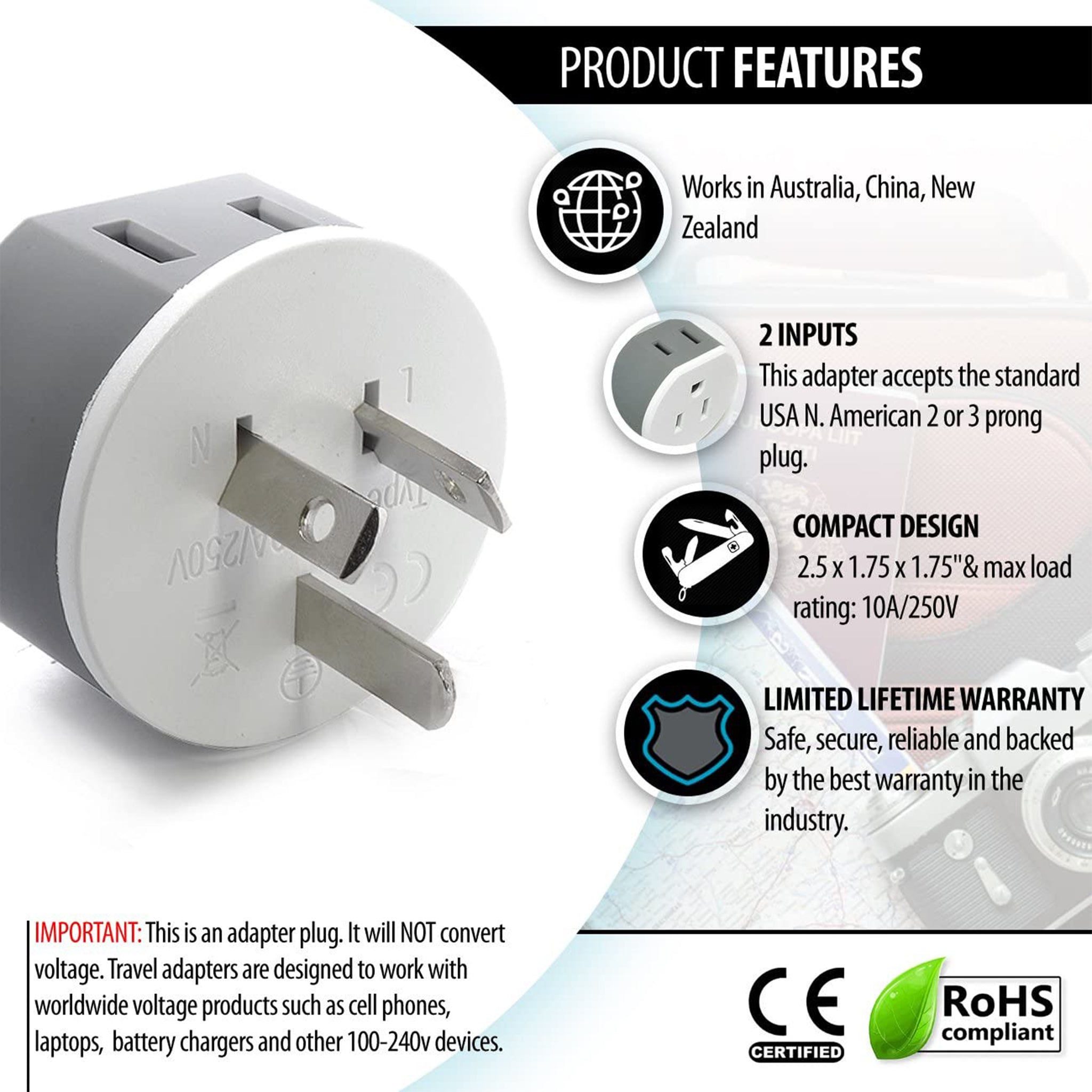 Australia, New Zealand Adapter - 2 1 - Type - Compact Design (US-16) |