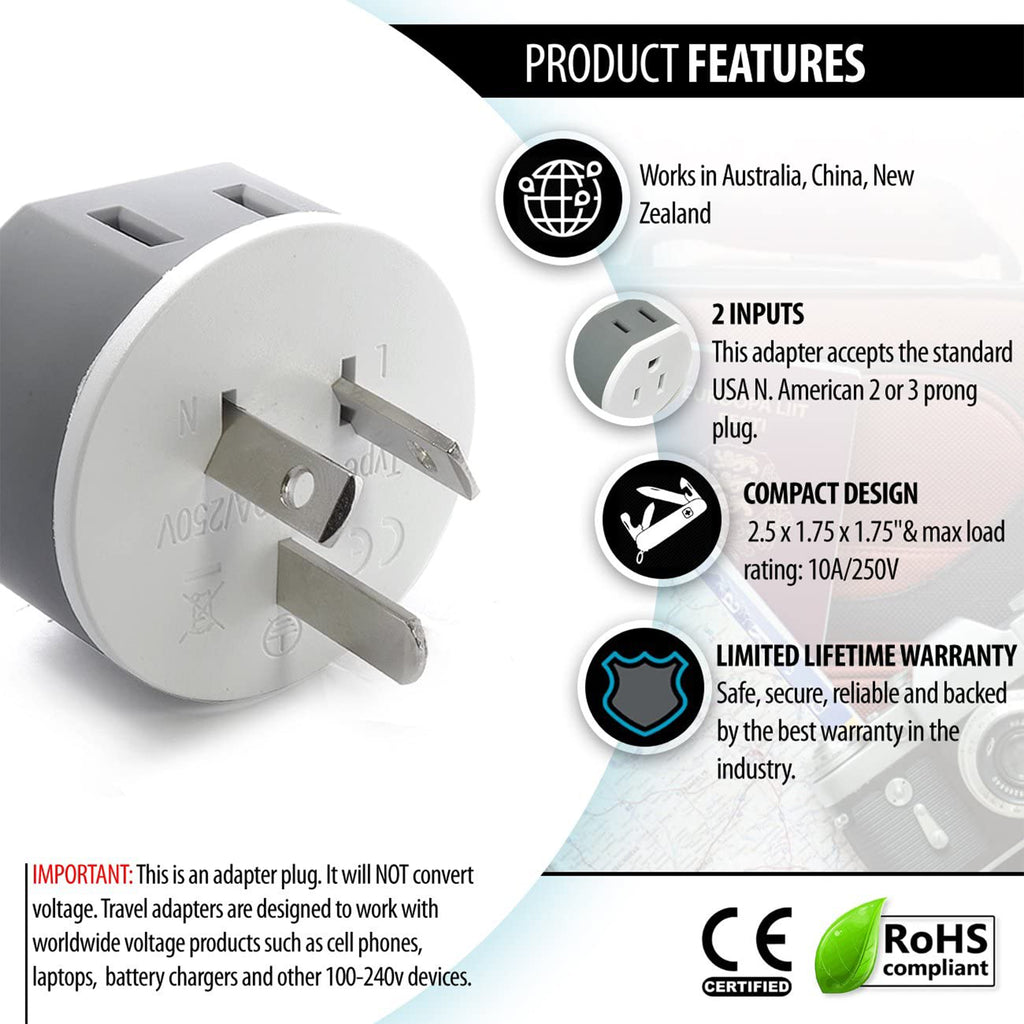 Australia, New Zealand Travel Adapter - 2 in 1 - Type I - Compact Design (US-16)