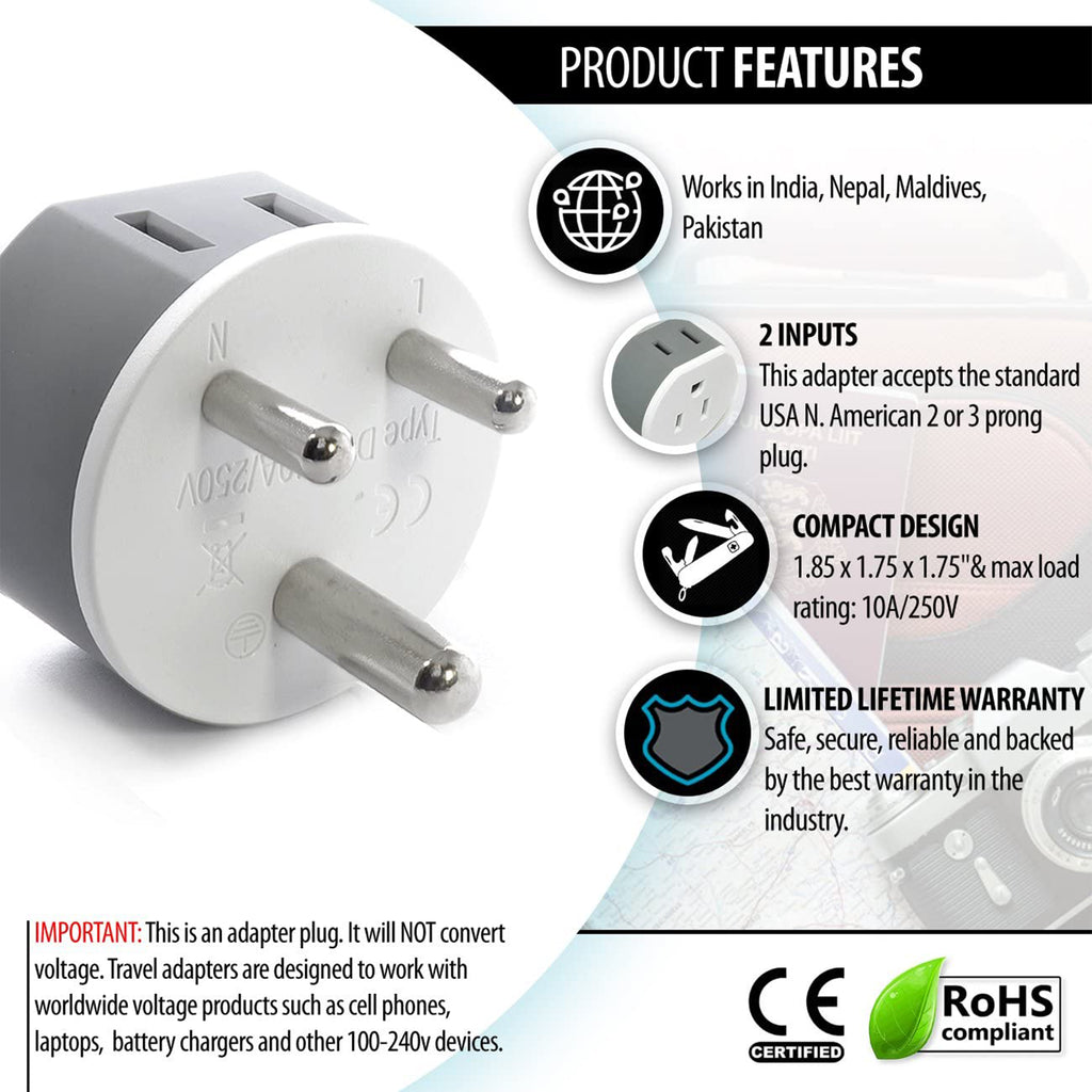 India, Nepal Travel Adapter - 2 in 1 - Type D - Compact Design (US-10)