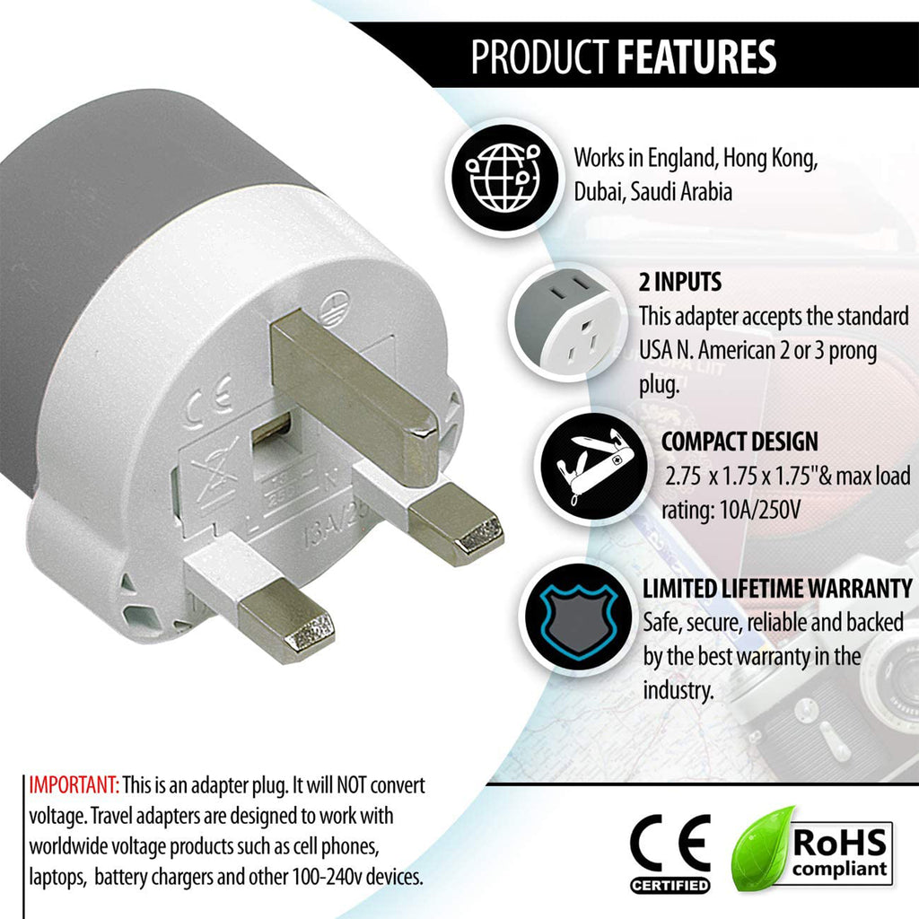 UK, Dubai Travel Adapter - 2 in 1 - Type G - Compact Design (US-7)