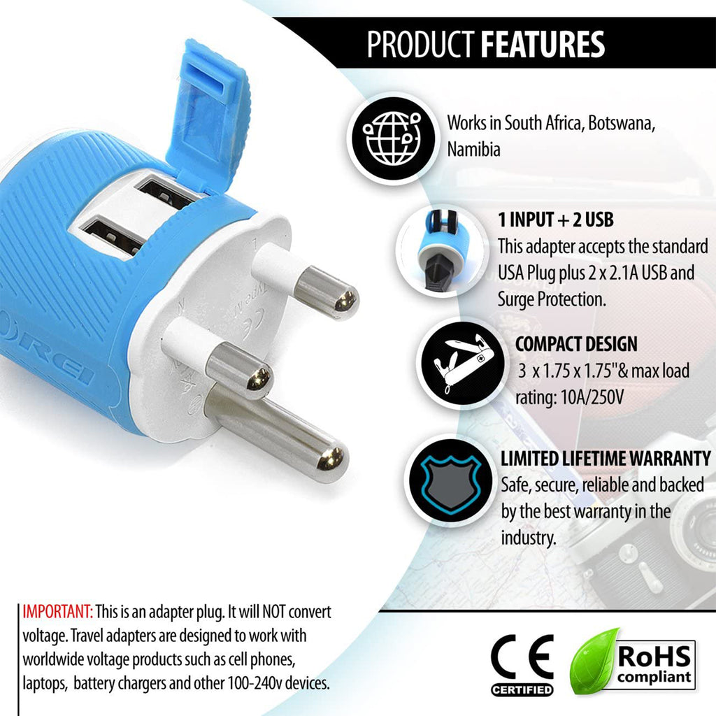 South Africa, Botswana Travel Adapter - 3 in 1 - 2 USB - Type M - Compact Design (U2U-10L)