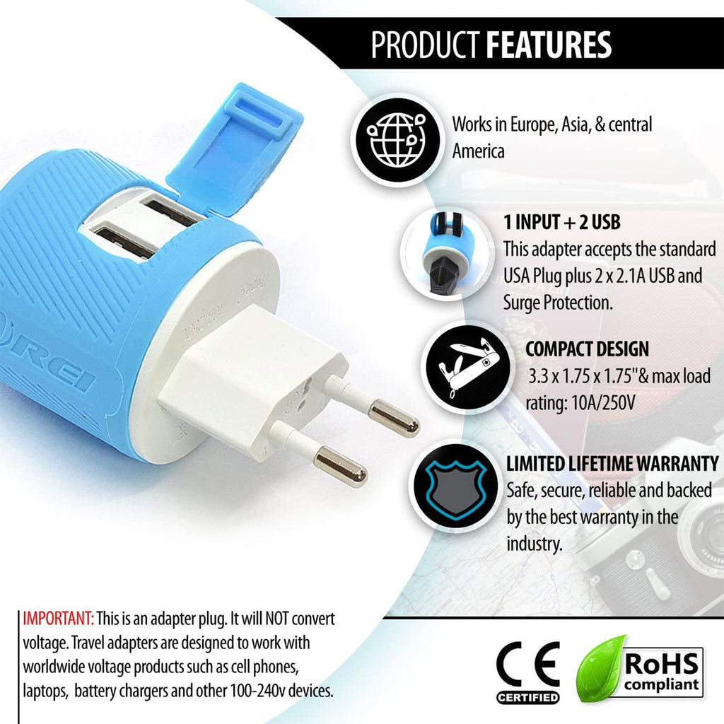 Europe, Germany Travel Adapter - 3 in 1 - 2 USB - Type C - Compact Design (U2U-9C)