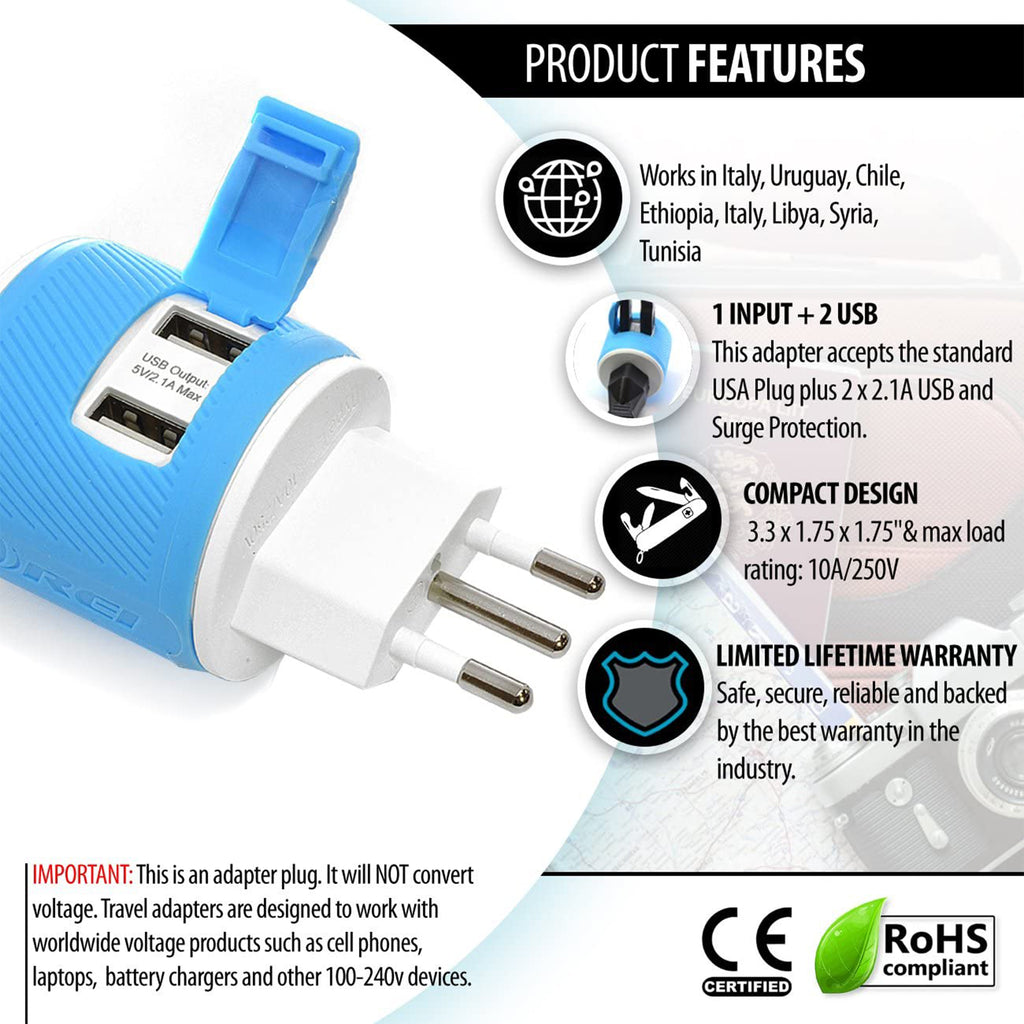 Italy, Uruguay Travel Adapter - 3 in 1 - 2 USB - Type L - Compact Design (U2U-12A)