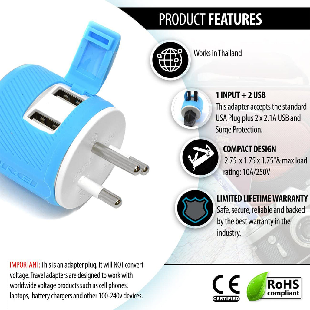 Thailand Travel Adapter - 3 in 1 - 2 USB - Type O - Compact Design (U2U-18)