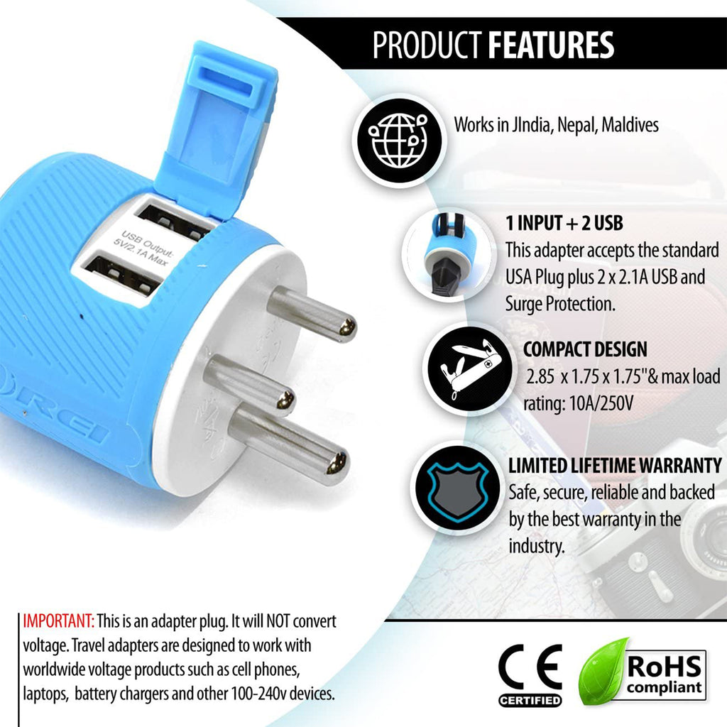 India, Nepal Travel Adapter - 3 in 1 - 2 USB - Type D - Compact Design (U2U-10)