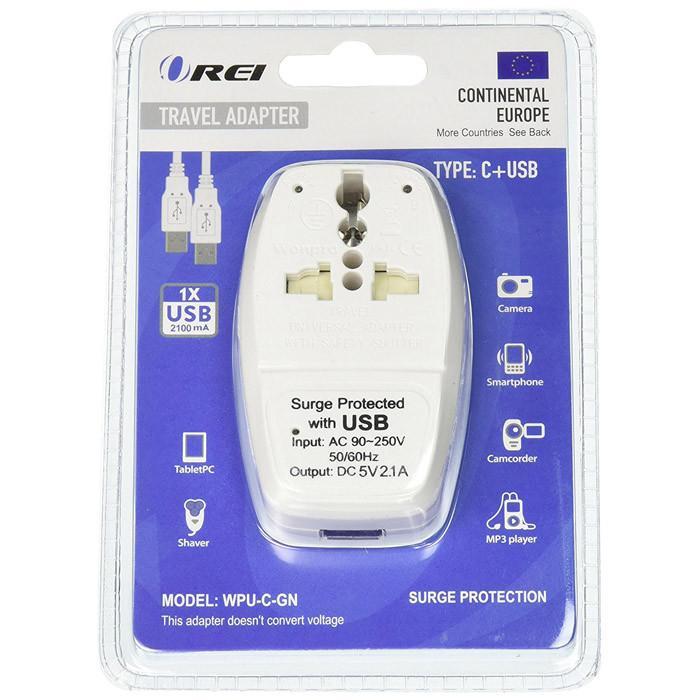 OREI 3 in 1 Continental Europe Travel Adapter Plug with USB and Surge Protection - Type C - Turkey, Italy & More