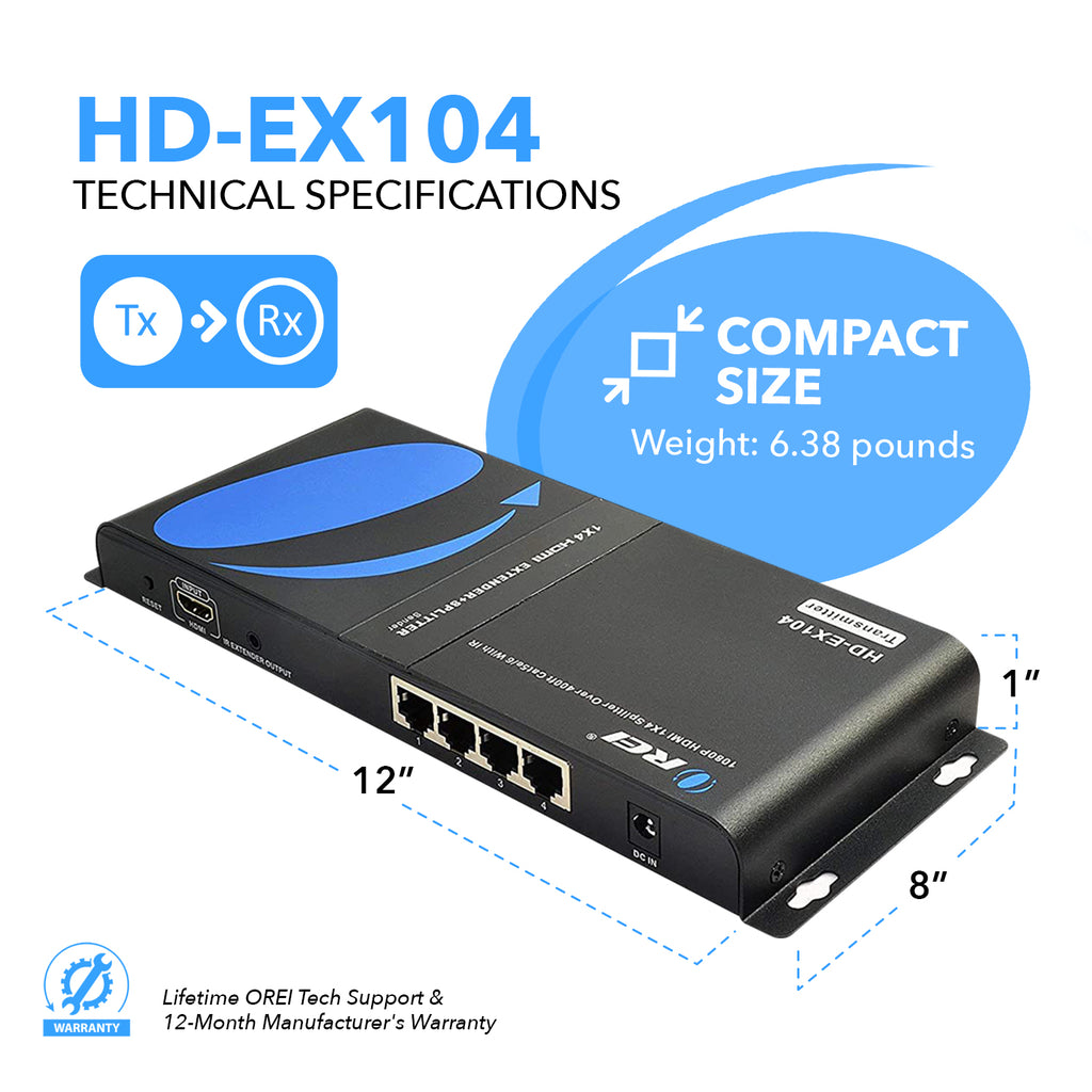 1x4 HDMI Extender Splitter Over CAT5/6 Up to 395 Feet at 1080p with IR Blaster & HDbitT Technology (HD-EX104)