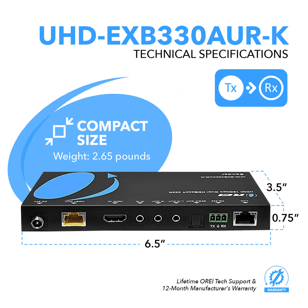 4K UHD HDMI Extender with HDBaseT Over CAT5e/6/7 Support ARC & IR Control - 330 Ft (UHD-EXB330AUR-K)