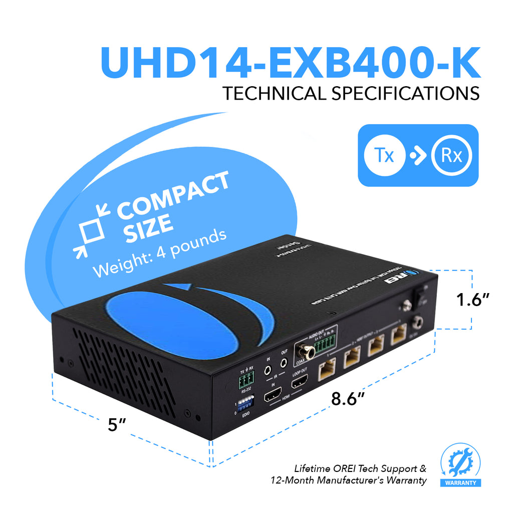 4K UltraHD 1x4 HDMI Extender Splitter Over CAT6/7 Up to 400 Ft with HDBaseT, EDID, IR Control (UHD14-EXB400-K)