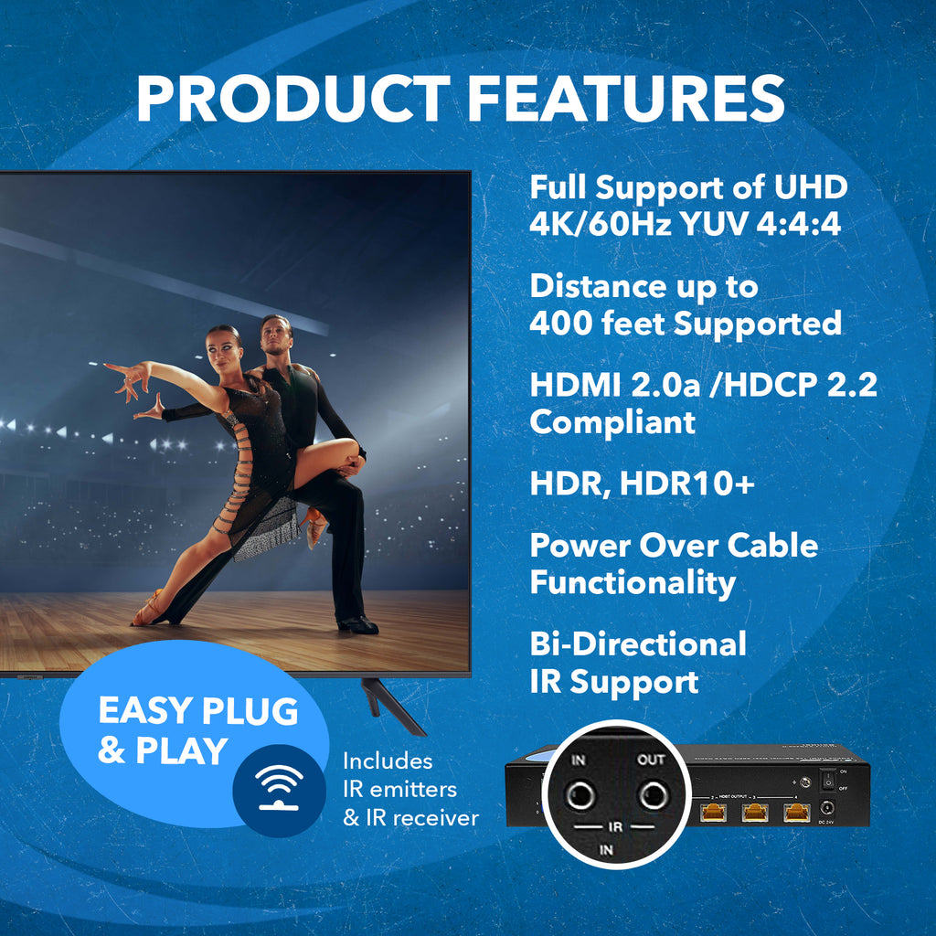 4K UltraHD 1x4 HDMI Extender Splitter Over CAT6/7 Up to 400 Ft with HDBaseT, EDID, IR Control (UHD14-EXB400-K)