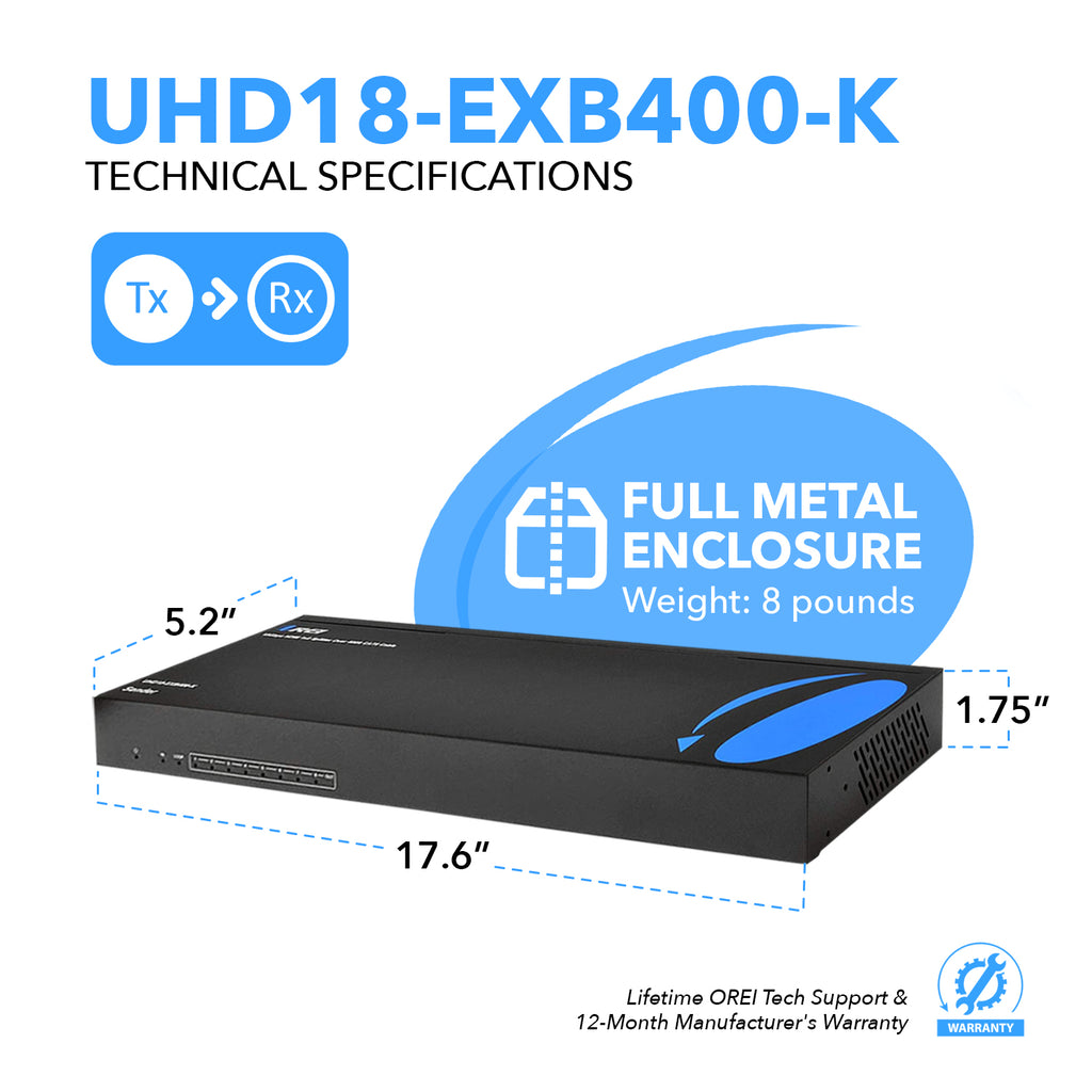 4K UltraHD 1x8 HDMI Extender Splitter Over CAT6/7 Up to 400 Ft with HDBaseT Technology & POC (UHD18-EXB400-K)