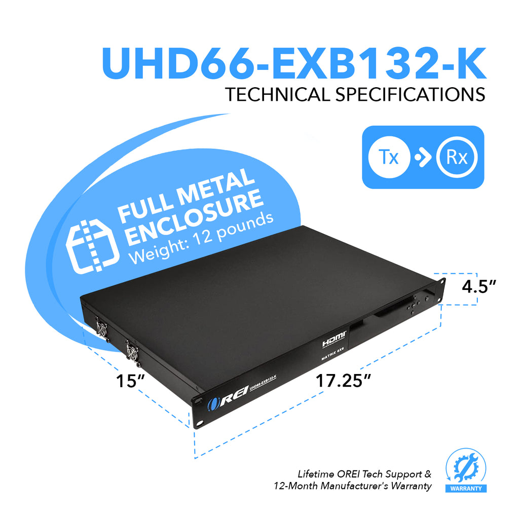 4K 6x4 HDMI HDBaseT Matrix Over CAT6/7 up to 132 Feet, 18Gbps Bandwidth with HDR, CEC & IR Control (UHD66-EXB132-K)