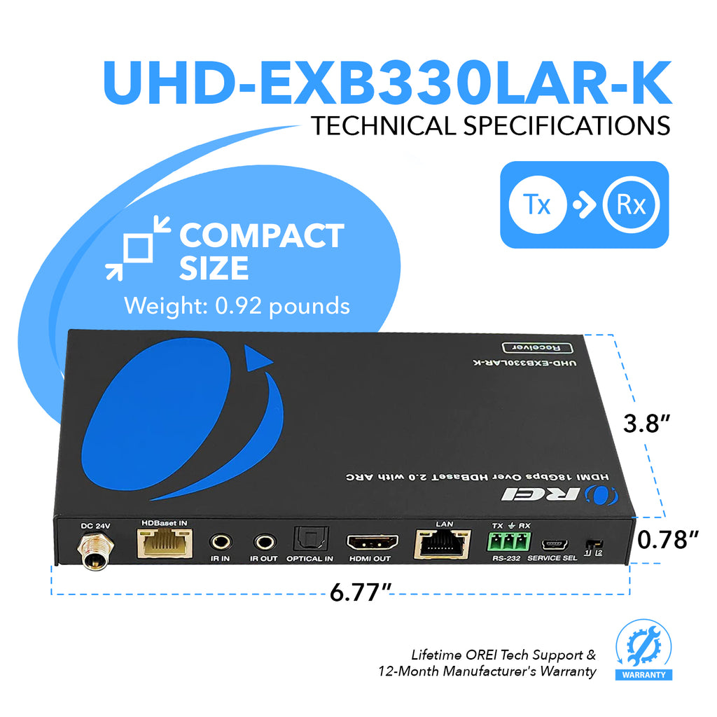 4K HDBaseT HDMI Extender Over CAT6/7 up to 330 Feet, Bi-directional IR, ARC, PoC, RS-232 (UHD-EXB330LAR-K)