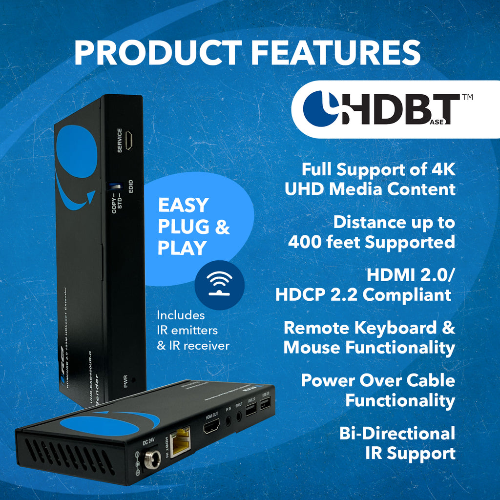HDMI Extender with HDBaseT Over CAT5e/6/7 Up to 400 Ft - IR Control & Keyboard & Mouse Over Network (UHD-EXB400UR-K)