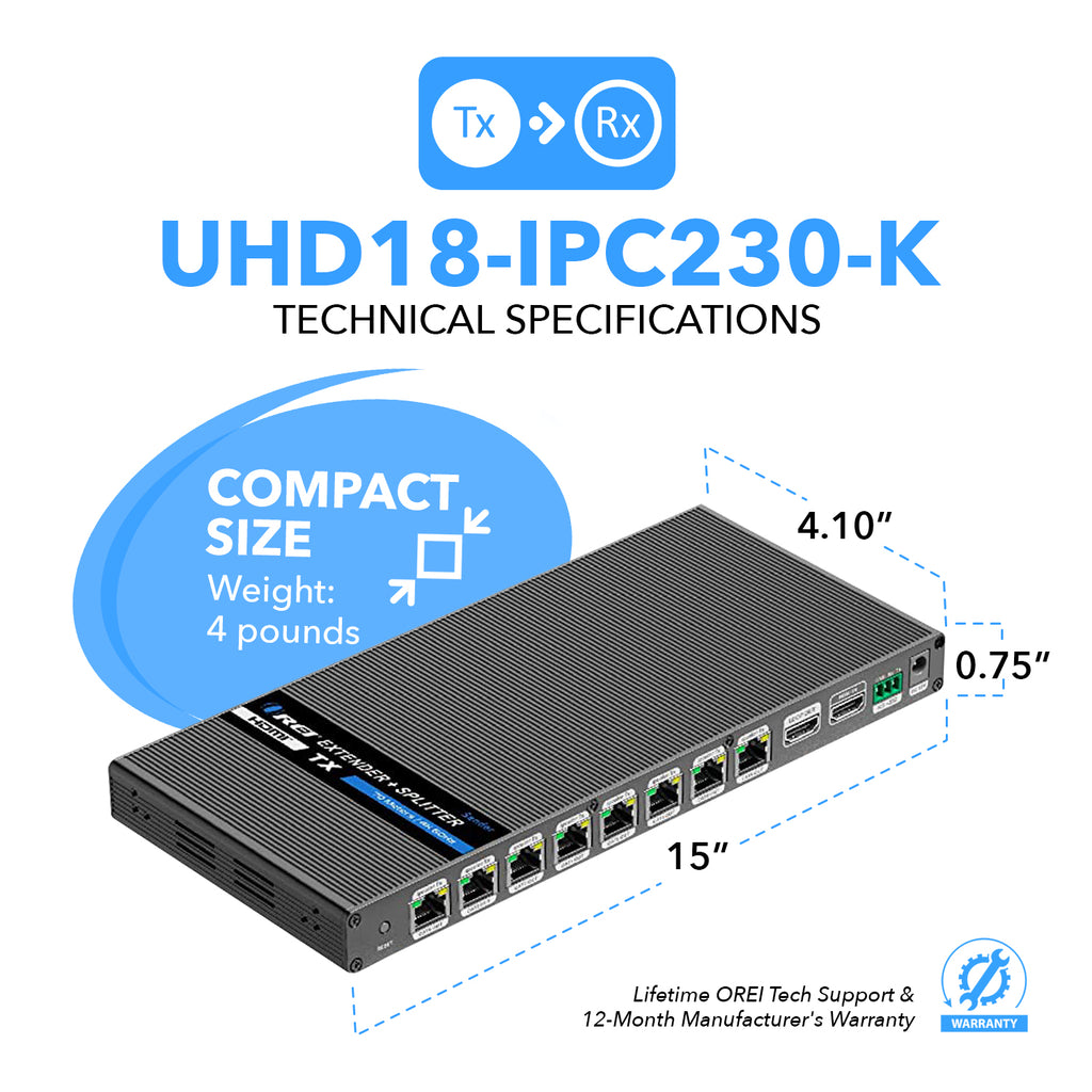 1x8 4K HDMI Extender Splitter Over Single CAT6/7 Up to 230 Ft - ipcolor technology 18 Gbps Bandwidth Bi-directional IR, RS-232 Control & Advance EDID (UHD18-IPC230-K)