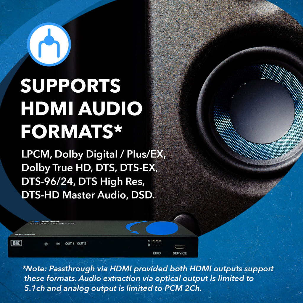 8K 1x2 HDMI™ Splitter (Downscaler, Audio Extract)-BK-102A