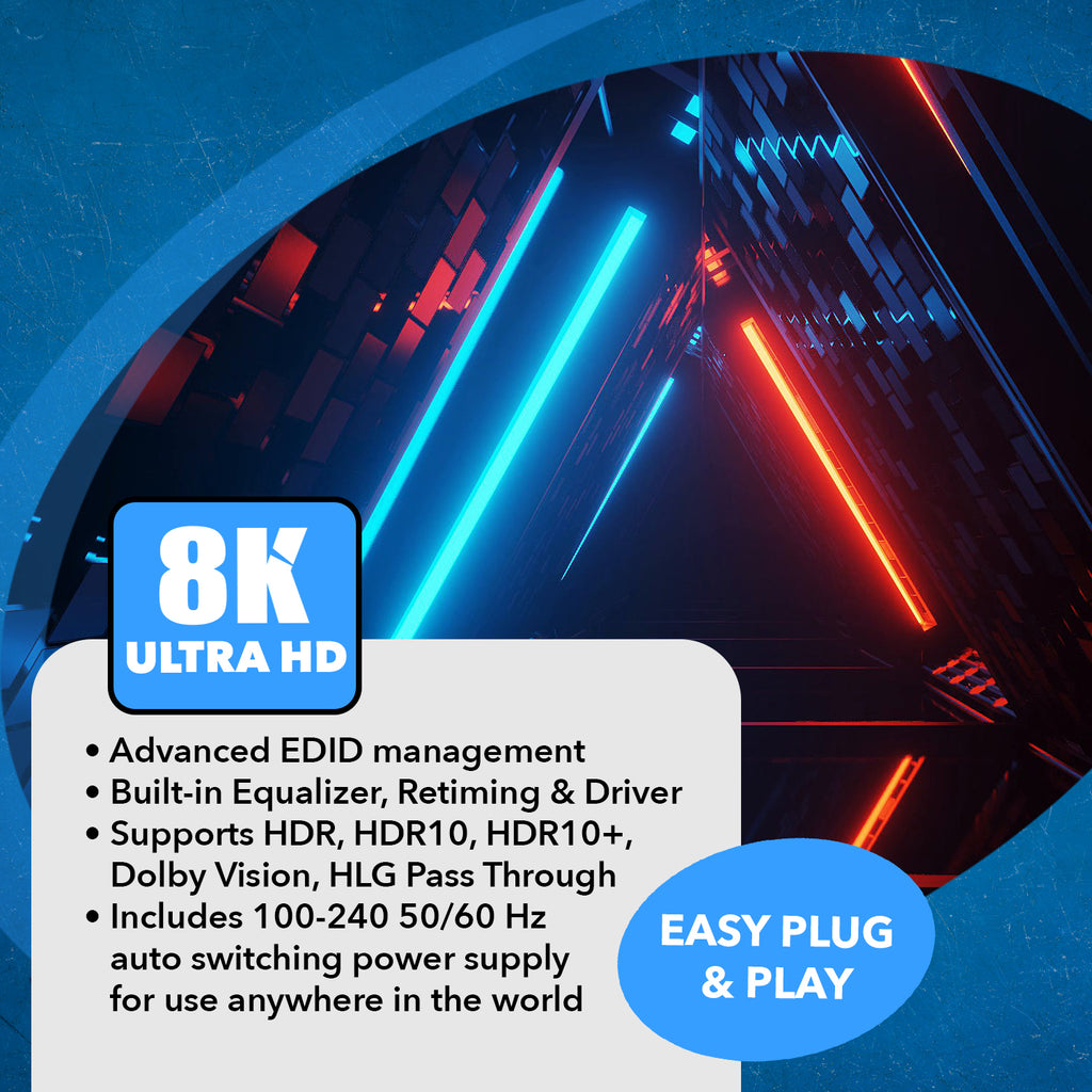 8K 1x2 HDMI™ Splitter (Downscaler, Audio Extract)-BK-102A