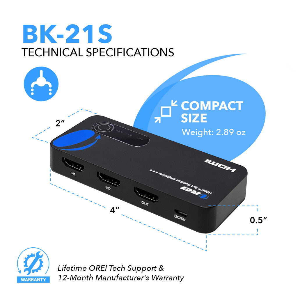 8K 2x1 HDMI Switch for Gaming consoles such as PS5 & Xbox (BK-21S)