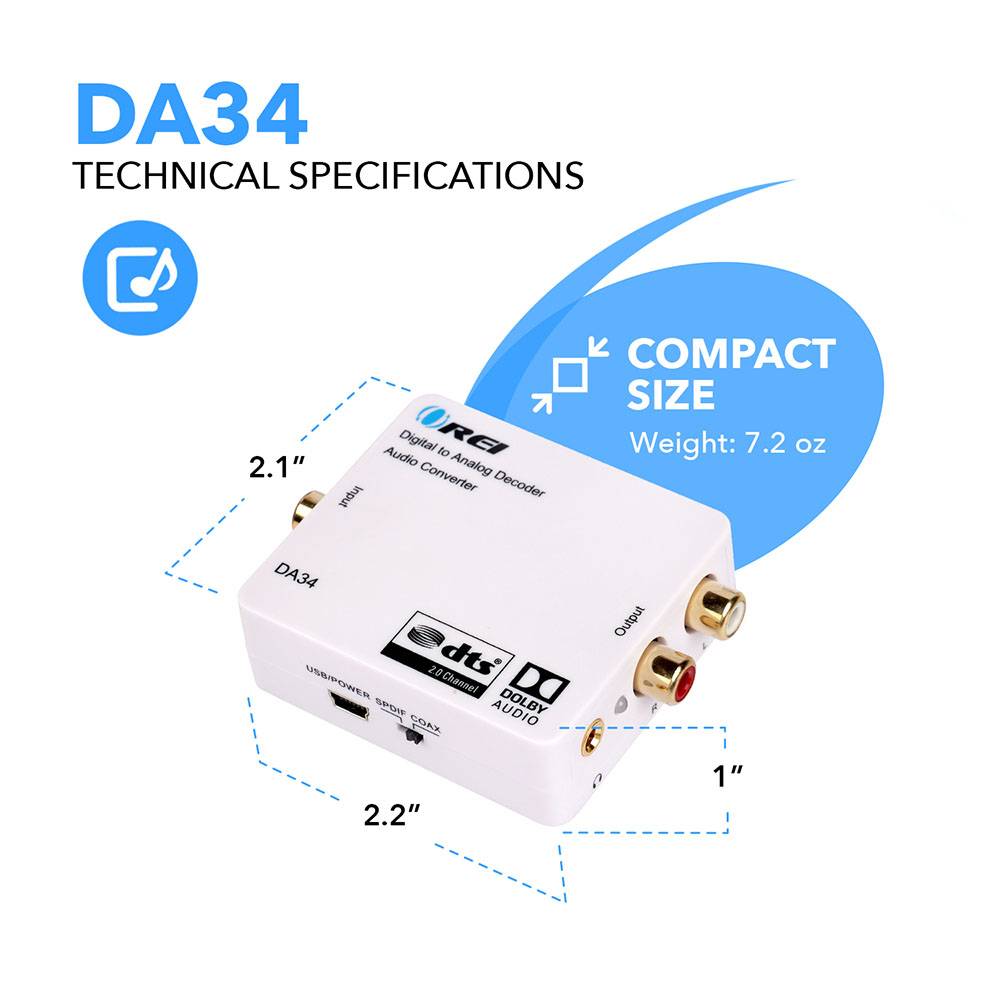 Dolby Digital to Analog Audio Converter Decoder -SPDIF/Coaxial Input to Output (DA34) | OREI